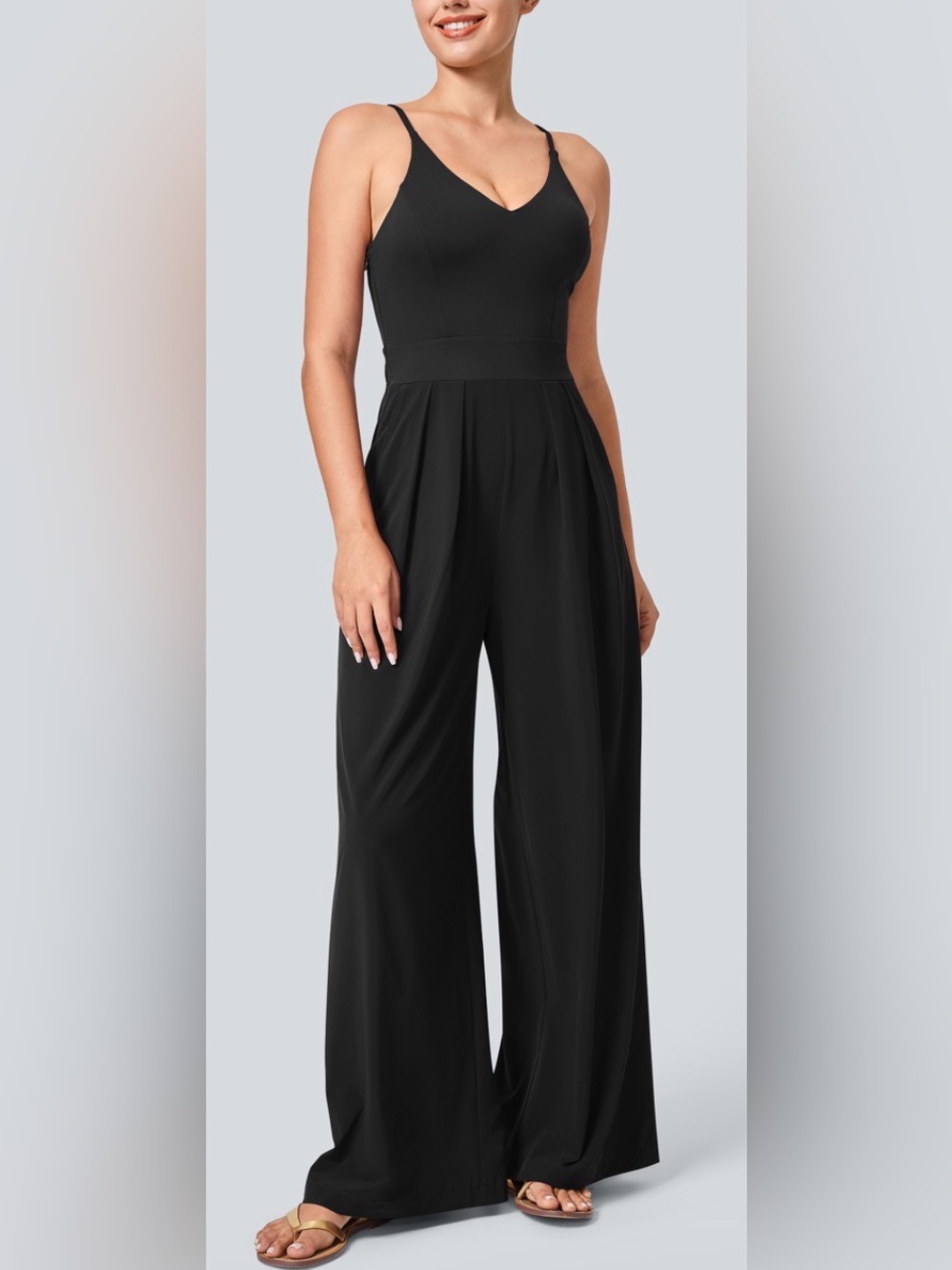HALARA Black Wide-Leg Jumpsuit with Spaghetti Straps